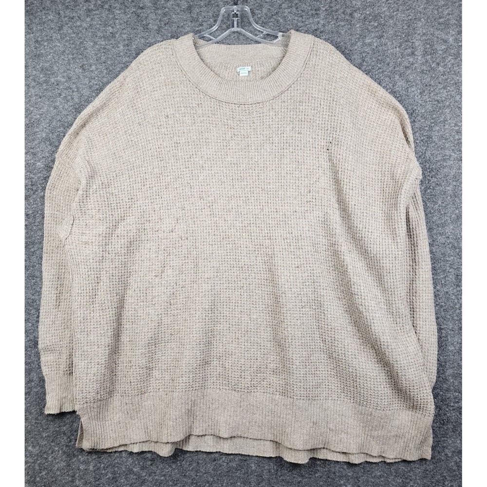 Aerie Waffle Knit Sweater Womens L Oatmeal Beige Oversized Crew Neck Pullover